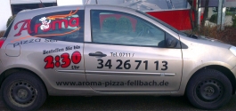 Fahrzeugbeschriftung im Folienplott für Aroma Pizzaservice in Stuttgart