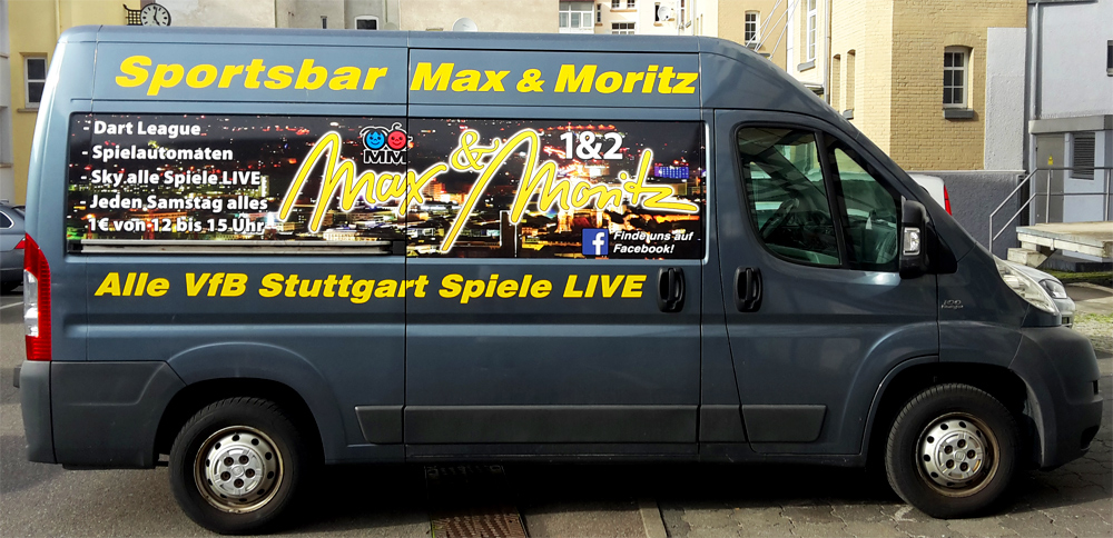 Fahrzeugwerbung im Digitaldruck für Sportsbar Max & Moritz aus Stuttgart